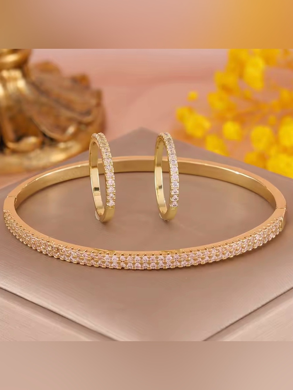 Gold Crystal Bangle bracelet and 2 rings